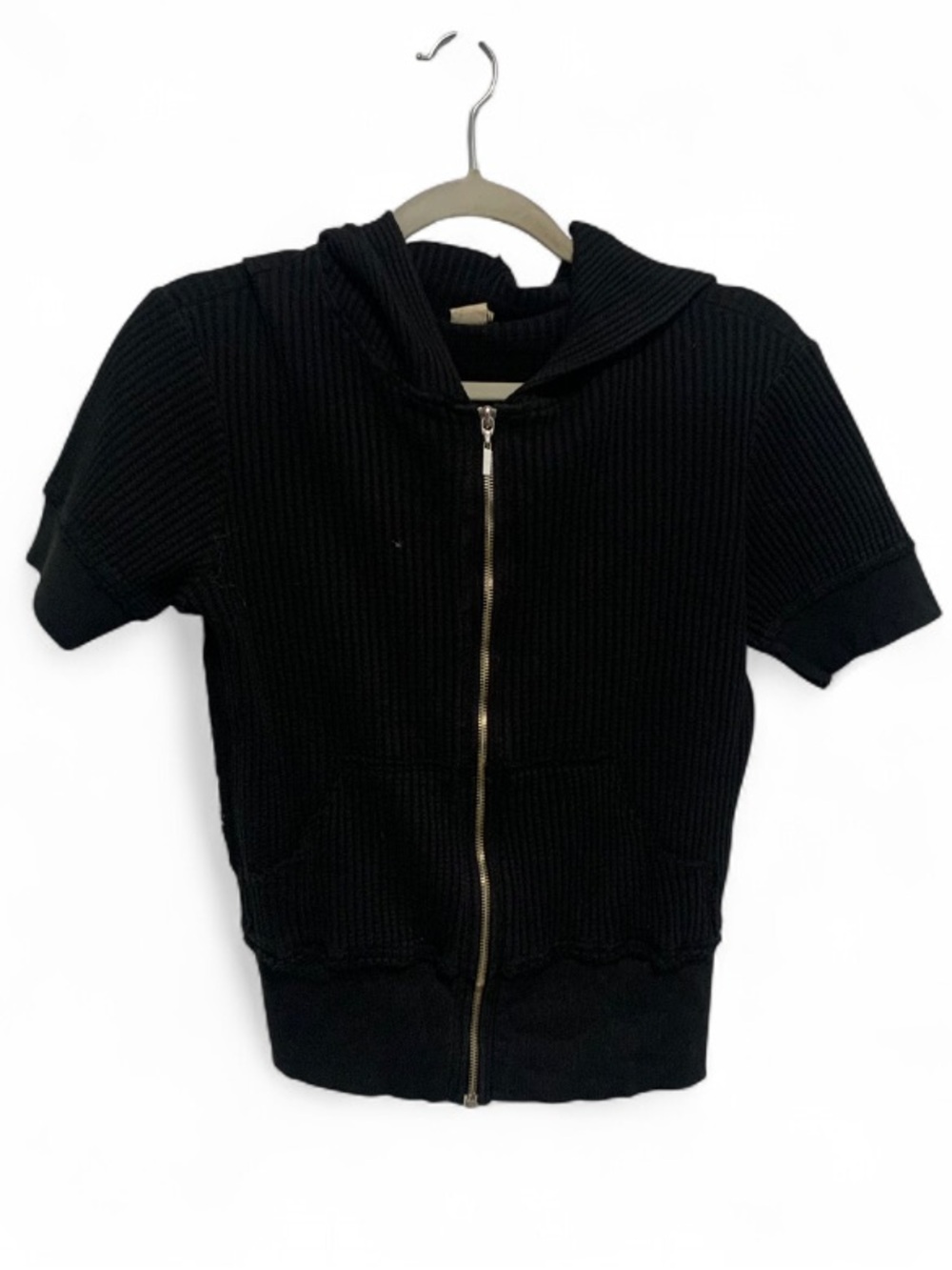 Y2K American Buddha Black Waffle Knit Short-Sleeve Zip Hoodie